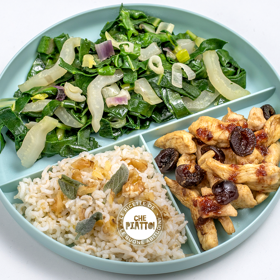 Riso basmati integrale con bietole alle noci e pollo con ciliegie e salvia